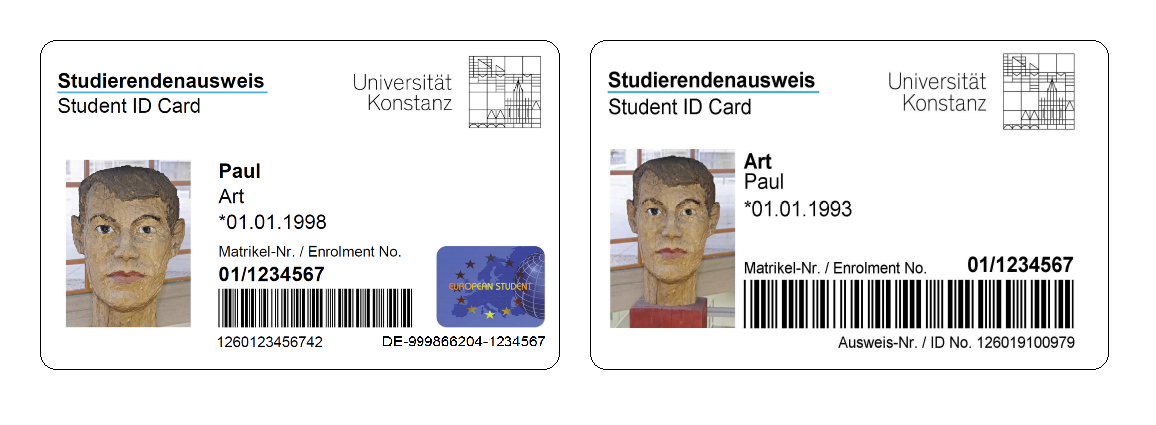 Sample of the front of the student ID card (UniCard) with picture of Paul Art
